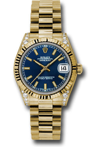 *Pre-Owned* Rolex Yellow Gold Datejust 31 Watch - Fluted Bezel - Blue Index Dial - President Bracelet