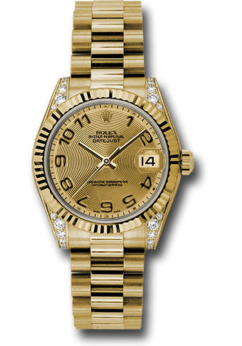 *Pre-Owned* Rolex Yellow Gold Datejust 31 Watch - Fluted Bezel - Champagne Concentric Circle Arabic Dial - President Bracelet