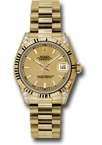 *Pre-Owned* Rolex Yellow Gold Datejust 31 Watch - Fluted Bezel - Champagne Index Dial - President Bracelet