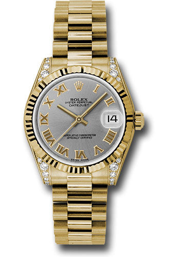 *Pre-Owned* Rolex Yellow Gold Datejust 31 Watch - Fluted Bezel - Gray Roman Dial - President Bracelet