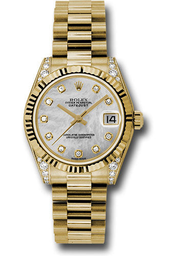 *Pre-Owned* Rolex Yellow Gold Datejust 31 Watch - Fluted Bezel - Mother-Of-Pearl Diamond Dial - President Bracelet