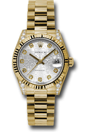 *Pre-Owned* Rolex Yellow Gold Datejust 31 Watch - Fluted Bezel - Silver Jubilee Diamond Dial - President Bracelet