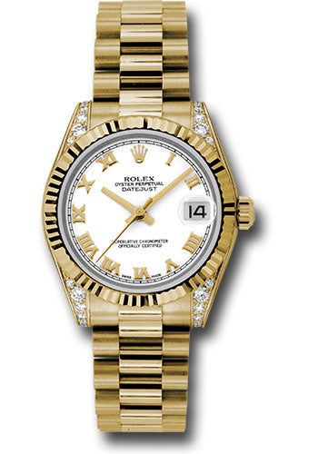 *Pre-Owned* Rolex Yellow Gold Datejust 31 Watch - Fluted Bezel - White Roman Dial - President Bracelet