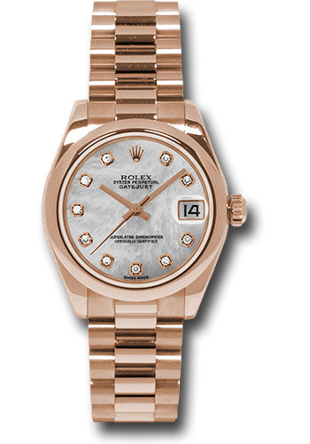 *Pre-Owned* Rolex Pink Gold Datejust 31 Watch - Domed Bezel - Mother-Of-Pearl Diamond Dial - President Bracelet