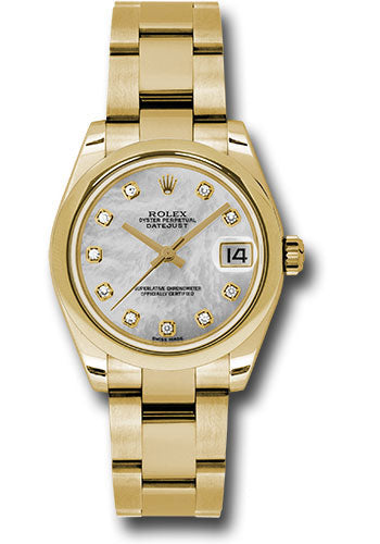 *Pre-Owned* Rolex Yellow Gold Datejust 31 Watch - Domed Bezel - White Mother-Of-Pearl Diamond Dial - Oyster Bracelet