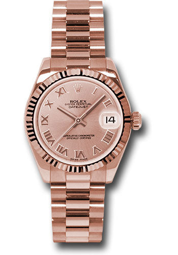 *Pre-Owned* Rolex Pink Gold Datejust 31 Watch - Fluted Bezel - Pink Champagne Roman Dial - President Bracelet