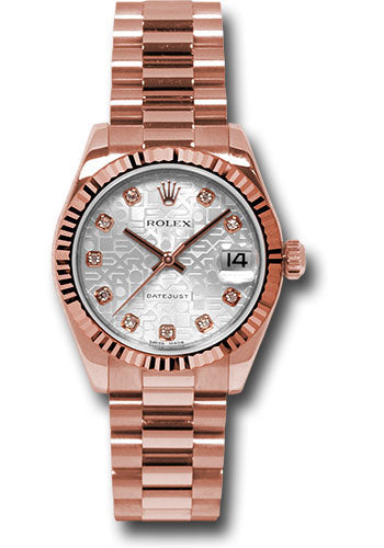 *Pre-Owned* Rolex Pink Gold Datejust 31 Watch - Fluted Bezel - Silver Jubilee Diamond Dial - President Bracelet