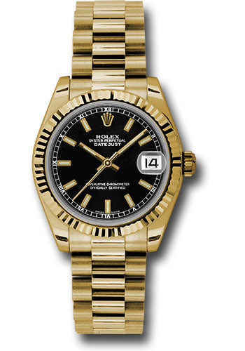 *Pre-Owned* Rolex Yellow Gold Datejust 31 Watch - Fluted Bezel - Black Index Dial - President Bracelet