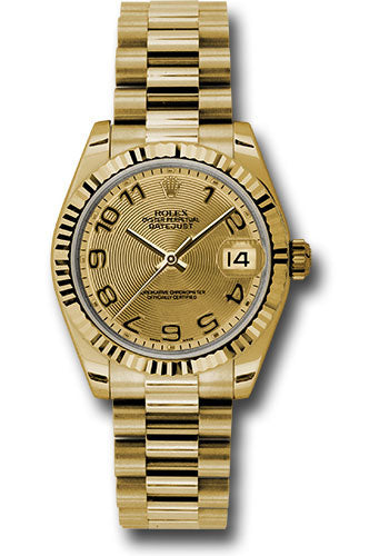 *Pre-Owned* Rolex Yellow Gold Datejust 31 Watch - Fluted Bezel - Champagne Concentric Circle Arabic Dial - President Bracelet