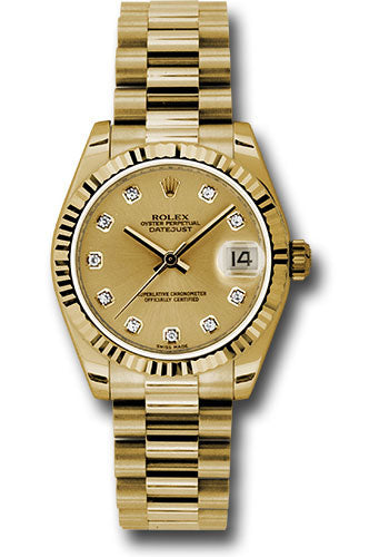 *Pre-Owned* Rolex Yellow Gold Datejust 31 Watch - Fluted Bezel - Champagne Diamond Dial - President Bracelet