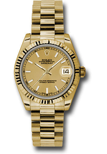 *Pre-Owned* Rolex Yellow Gold Datejust 31 Watch - Fluted Bezel - Champagne Index Dial - President Bracelet