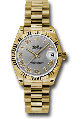 *Pre-Owned* Rolex Yellow Gold Datejust 31 Watch - Fluted Bezel - Gray Roman Dial - President Bracelet