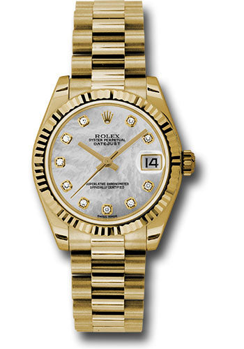 *Pre-Owned* Rolex Yellow Gold Datejust 31 Watch - Fluted Bezel - Mother-Of-Pearl Diamond Dial - President Bracelet