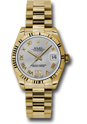 *Pre-Owned* Rolex Yellow Gold Datejust 31 Watch - Fluted Bezel - Silver Diamond Roman Vi Roman Dial - President Bracelet
