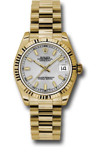 *Pre-Owned* Rolex Yellow Gold Datejust 31 Watch - Fluted Bezel - Silver Diamond Roman Vi Index Dial - President Bracelet