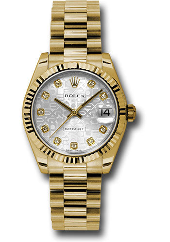 *Pre-Owned* Rolex Yellow Gold Datejust 31 Watch - Fluted Bezel - Silver Jubilee Diamond Dial - President Bracelet