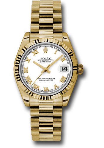 *Pre-Owned* Rolex Yellow Gold Datejust 31 Watch - Fluted Bezel - White Roman Dial - President Bracelet
