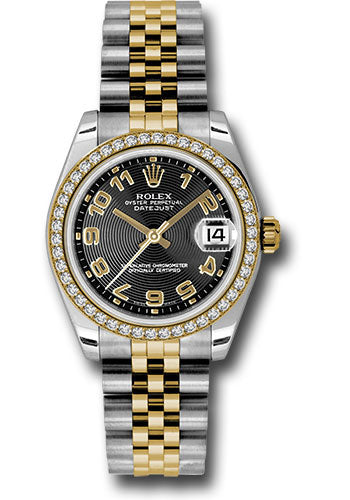 *Pre-Owned* Rolex Steel and Yellow Gold Datejust 31 Watch - 46 Diamond Bezel - Black Concentric Circle Arabic Dial - Jubilee Bracelet