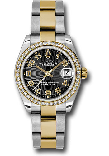 *Pre-Owned* Rolex Steel and Yellow Gold Datejust 31 Watch - 46 Diamond Bezel - Black Concentric Circle Arabic Dial - Oyster Bracelet