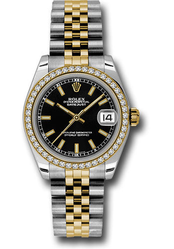 *Pre-Owned* Rolex Steel and Yellow Gold Datejust 31 Watch - 46 Diamond Bezel - Black Index Dial - Jubilee Bracelet