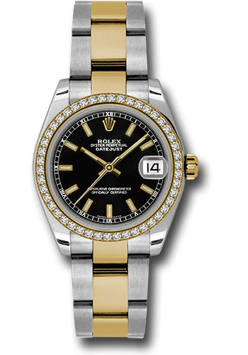 *Pre-Owned* Rolex Steel and Yellow Gold Datejust 31 Watch - 46 Diamond Bezel - Black Index Dial - Oyster Bracelet
