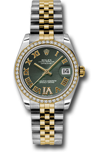 *Pre-Owned* Rolex Steel and Yellow Gold Datejust 31 Watch - 46 Diamond Bezel - Olive Green Diamond Roman Vi Roman Dial - Jubilee Bracelet