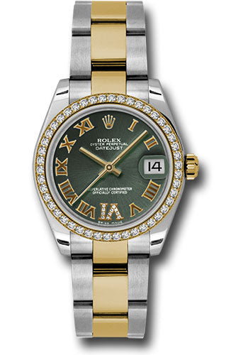 *Pre-Owned* Rolex Steel and Yellow Gold Datejust 31 Watch - 46 Diamond Bezel - Olive Green Diamond Roman Vi Roman Dial - Oyster Bracelet