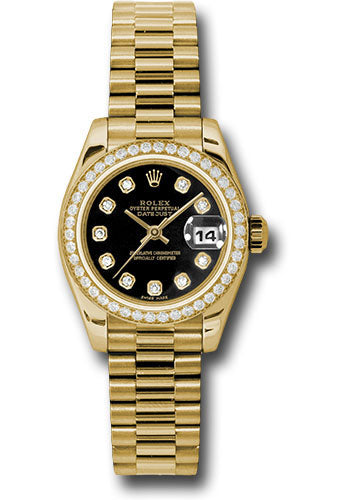 *Pre-Owned* Rolex Yellow Gold Lady-Datejust 26 Watch - 42 Diamond Bezel - Black Diamond Dial - President Bracelet