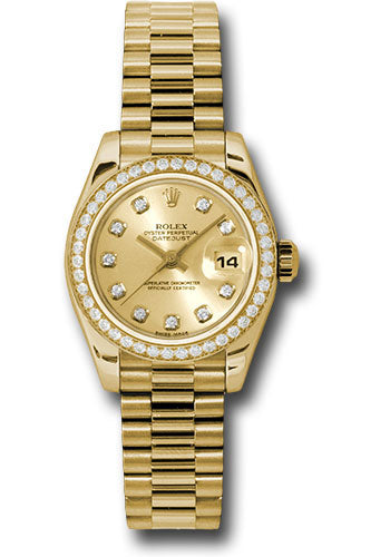 *Pre-Owned* Rolex Yellow Gold Lady-Datejust 26 Watch - 42 Diamond Bezel - Champagne Diamond Dial - President Bracelet