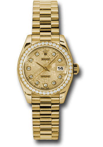 *Pre-Owned* Rolex Yellow Gold Lady-Datejust 26 Watch - 42 Diamond Bezel - Champagne Jubilee Diamond Dial - President Bracelet