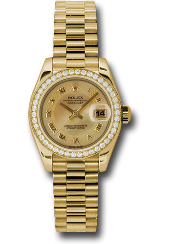*Pre-Owned* Rolex Yellow Gold Lady-Datejust 26 Watch - 42 Diamond Bezel - Champagne Decorated Mother-Of-Pearl Roman Dial - President Bracelet
