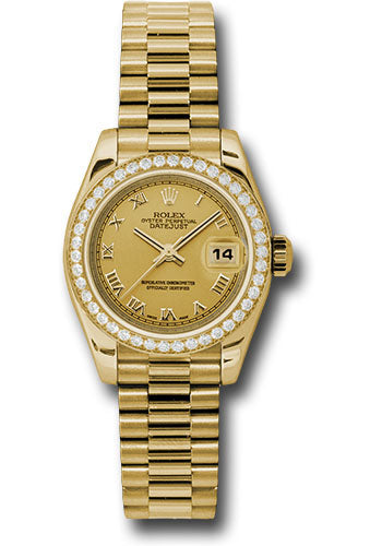 *Pre-Owned* Rolex Yellow Gold Lady-Datejust 26 Watch - 42 Diamond Bezel - Champagne Roman Dial - President Bracelet
