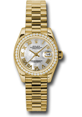 *Pre-Owned* Rolex Yellow Gold Lady-Datejust 26 Watch - 42 Diamond Bezel - Mother-Of-Pearl Roman Dial - President Bracelet
