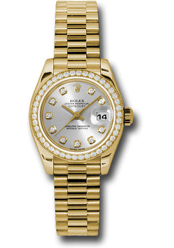 *Pre-Owned* Rolex Yellow Gold Lady-Datejust 26 Watch - 42 Diamond Bezel - Silver Diamond Dial - President Bracelet