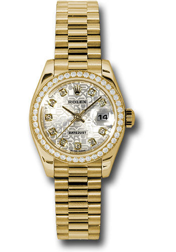 *Pre-Owned* Rolex Yellow Gold Lady-Datejust 26 Watch - 42 Diamond Bezel - Silver Jubilee Diamond Dial - President Bracelet