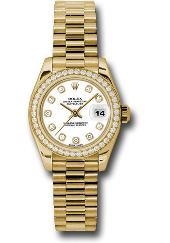*Pre-Owned* Rolex Yellow Gold Lady-Datejust 26 Watch - 42 Diamond Bezel - White Diamond Dial - President Bracelet