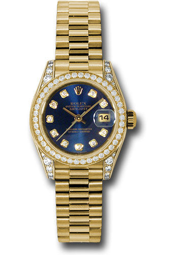 *Pre-Owned* Rolex Yellow Gold Lady-Datejust 26 Watch - 42 Diamond Bezel - Blue Diamond Dial - President Bracelet