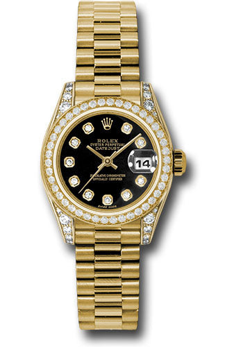 *Pre-Owned* Rolex Yellow Gold Lady-Datejust 26 Watch - 42 Diamond Bezel - Black Diamond Dial - President Bracelet