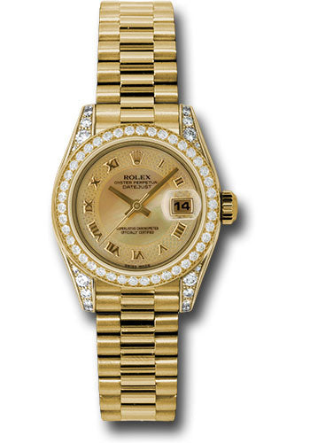 *Pre-Owned* Rolex Yellow Gold Lady-Datejust 26 Watch - 42 Diamond Bezel - Champagne Decorated Mother-Of-Pearl Roman Dial - President Bracelet