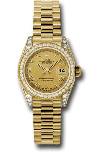 *Pre-Owned* Rolex Yellow Gold Lady-Datejust 26 Watch - 42 Diamond Bezel - Champagne Roman Dial - President Bracelet