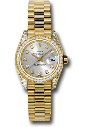 *Pre-Owned* Rolex Yellow Gold Lady-Datejust 26 Watch - 42 Diamond Bezel - Silver Diamond Dial - President Bracelet
