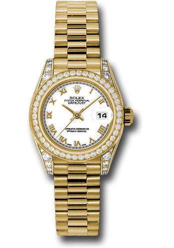 *Pre-Owned* Rolex Yellow Gold Lady-Datejust 26 Watch - 42 Diamond Bezel - White Roman Dial - President Bracelet