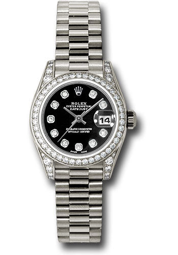 *Pre-Owned* Rolex White Gold Lady-Datejust 26 Watch - 42 Diamond Bezel - Black Diamond Dial - President Bracelet