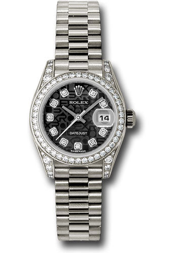 *Pre-Owned* Rolex White Gold Lady-Datejust 26 Watch - 42 Diamond Bezel - Black Jubilee Diamond Dial - President Bracelet