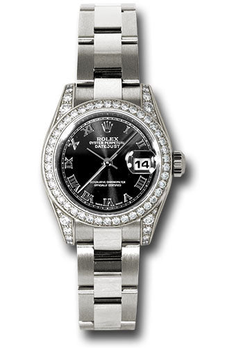 *Pre-Owned* Rolex White Gold Lady-Datejust 26 Watch - 42 Diamond Bezel - Black Roman Dial - Oyster Bracelet