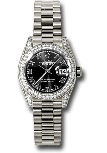 *Pre-Owned* Rolex White Gold Lady-Datejust 26 Watch - 42 Diamond Bezel - Black Roman Dial - President Bracelet