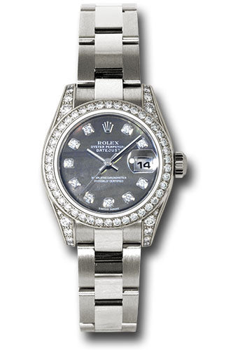 *Pre-Owned* Rolex White Gold Lady-Datejust 26 Watch - 42 Diamond Bezel - Dark Mother-Of-Pearl Diamond Dial - Oyster Bracelet