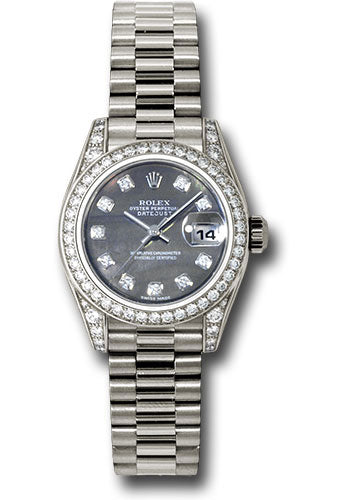 *Pre-Owned* Rolex White Gold Lady-Datejust 26 Watch - 42 Diamond Bezel - Dark Mother-Of-Pearl Diamond Dial - President Bracelet