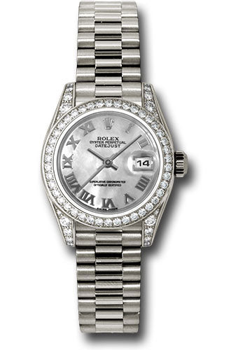 *Pre-Owned* Rolex White Gold Lady-Datejust 26 Watch - 42 Diamond Bezel - Mother-Of-Pearl Roman Dial - President Bracelet