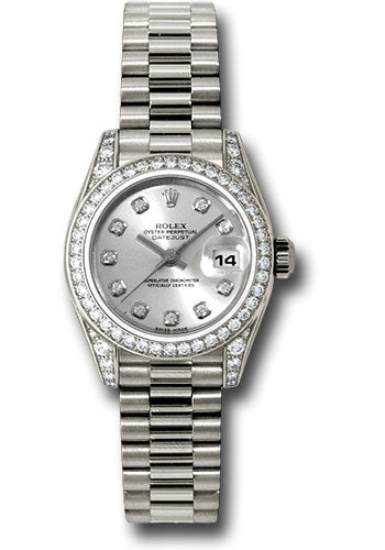 *Pre-Owned* Rolex White Gold Lady-Datejust 26 Watch - 42 Diamond Bezel - Silver Diamond Dial - President Bracelet